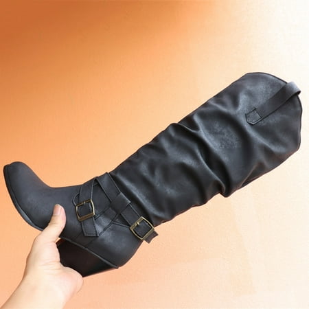 

FITORON Womens Mid Calf Boots- Retro Belt Buckle Knee Length increased Warmth Thick Heel High Boots Black 42