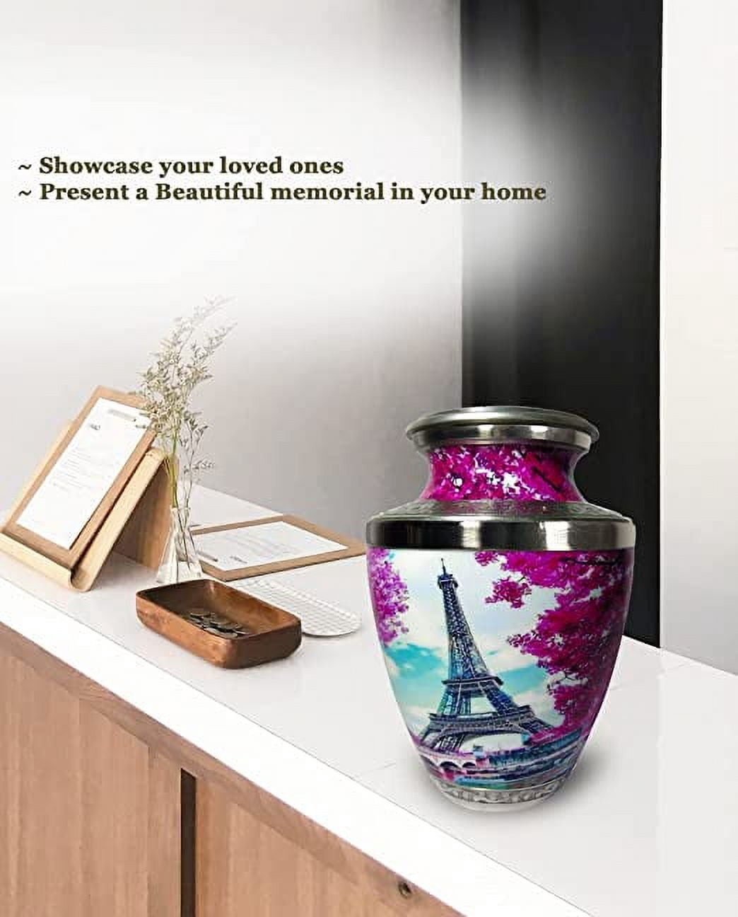 Eiffel Tower Aluminium Cremation Urns Pink Adult Burial Jar Designer Print Funeral Pet Urn for Burial, Niche, or Columbarium Perfect to Honor Your Loved One by MTA OVERSEAS, 6.5 x 6.5 x 10 inch