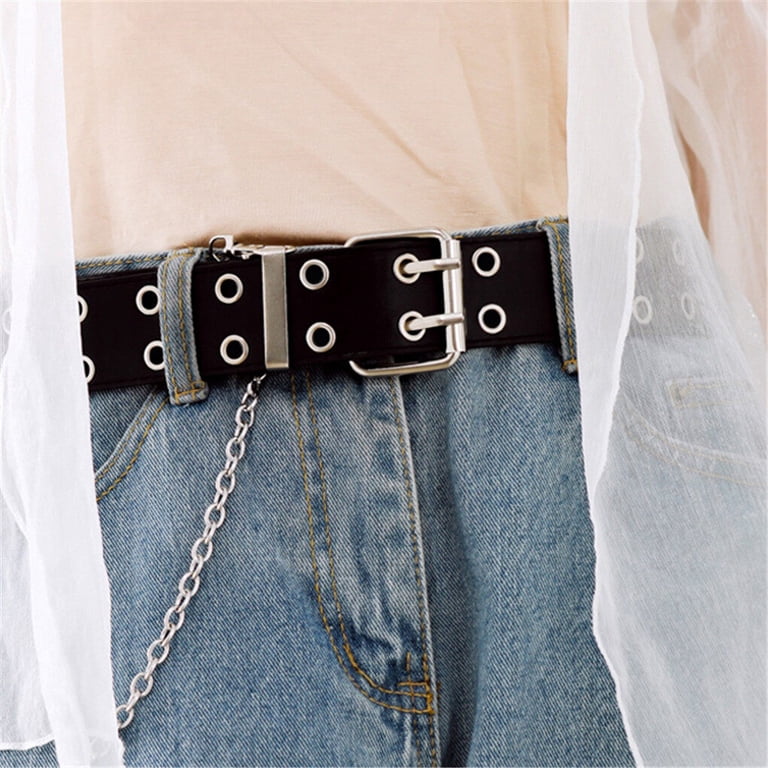 PU Leather Double Prong Buckle Punk Rock Jeans Belt with Chain New Punk Style Women belt PU Leather Double Hole Pin Buckle  main image 4