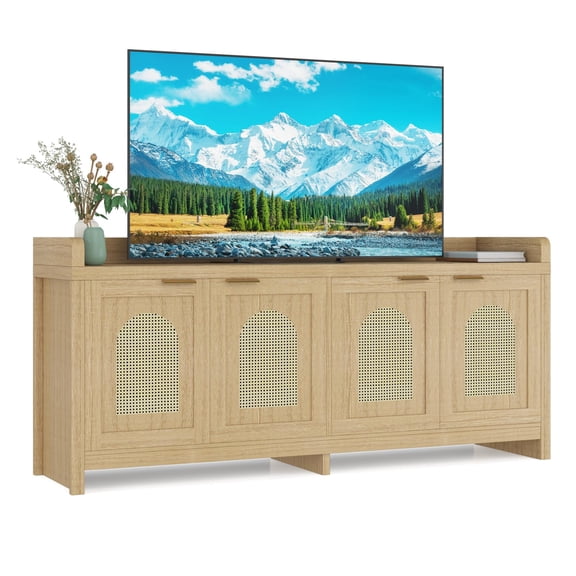 Modern Rattan TV Stand Entertainment Center with Glass Doors, Fits TVs Up to 65 Inch, 61.5 Inch Storage Console Cabinet with Adjustable Shelf, Cord Management, Living Room