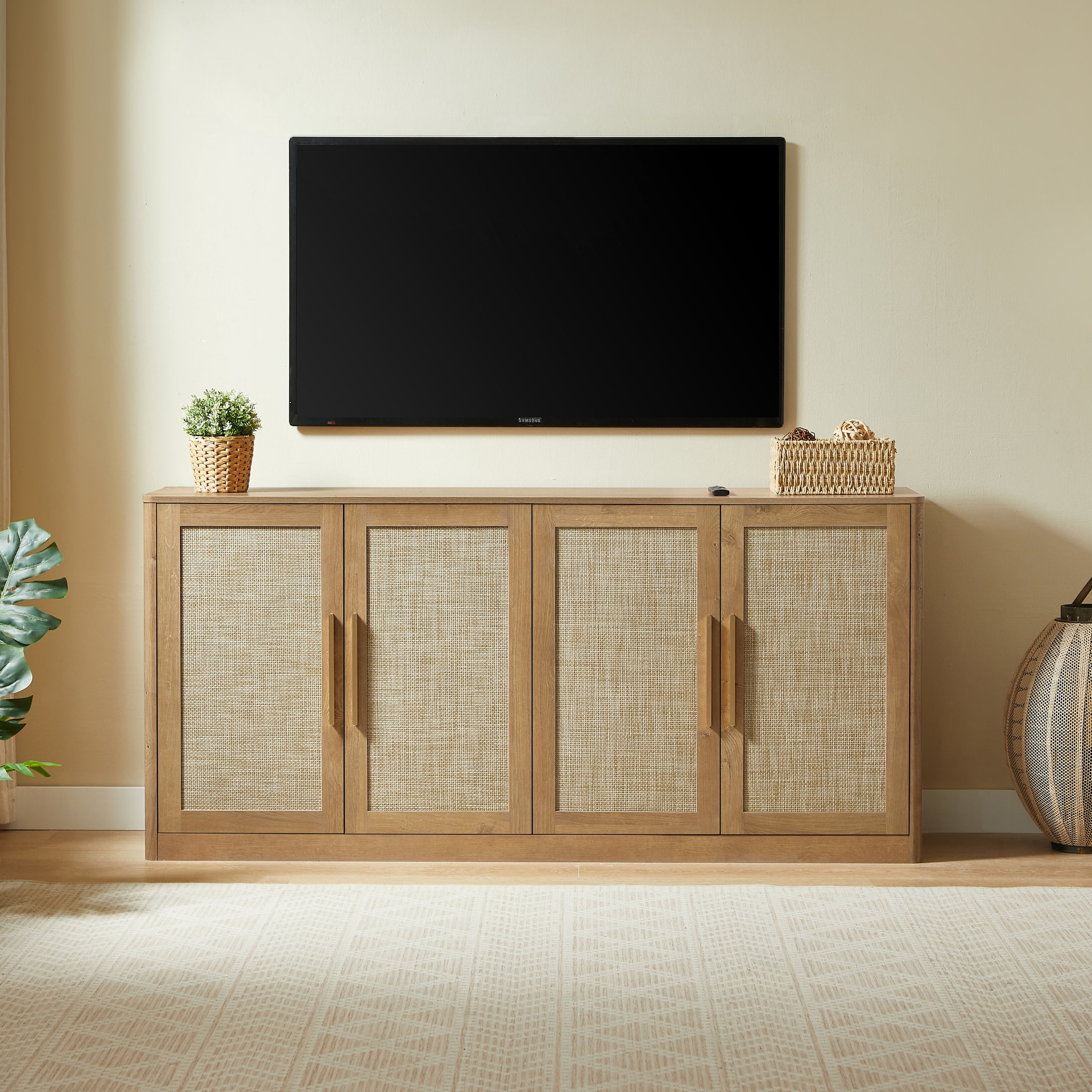 Noble House Prado 67" Rattan 4-Door Buffet Cabinet, Boho Sideboard Credenza with Gold Handles for Living Room, Caramel