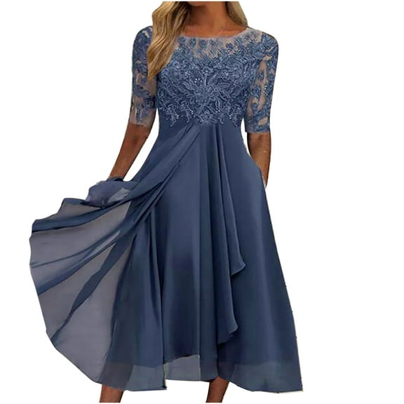 ZQGJB Lace Wedding Guest Dresses for Women Half Sleeve Mother of The Groom Dresse Mother of The Bride Dress Elegant Party Chiffon Formal Evening Dress Navy S
