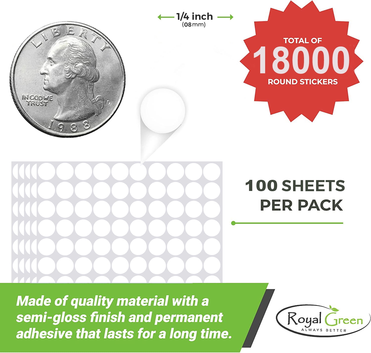 Royal Green Small Sticker Paper Labels ¼” 8mm 5/16  Color Code Dot Stickers Sheets in Blue - 18000 Pack