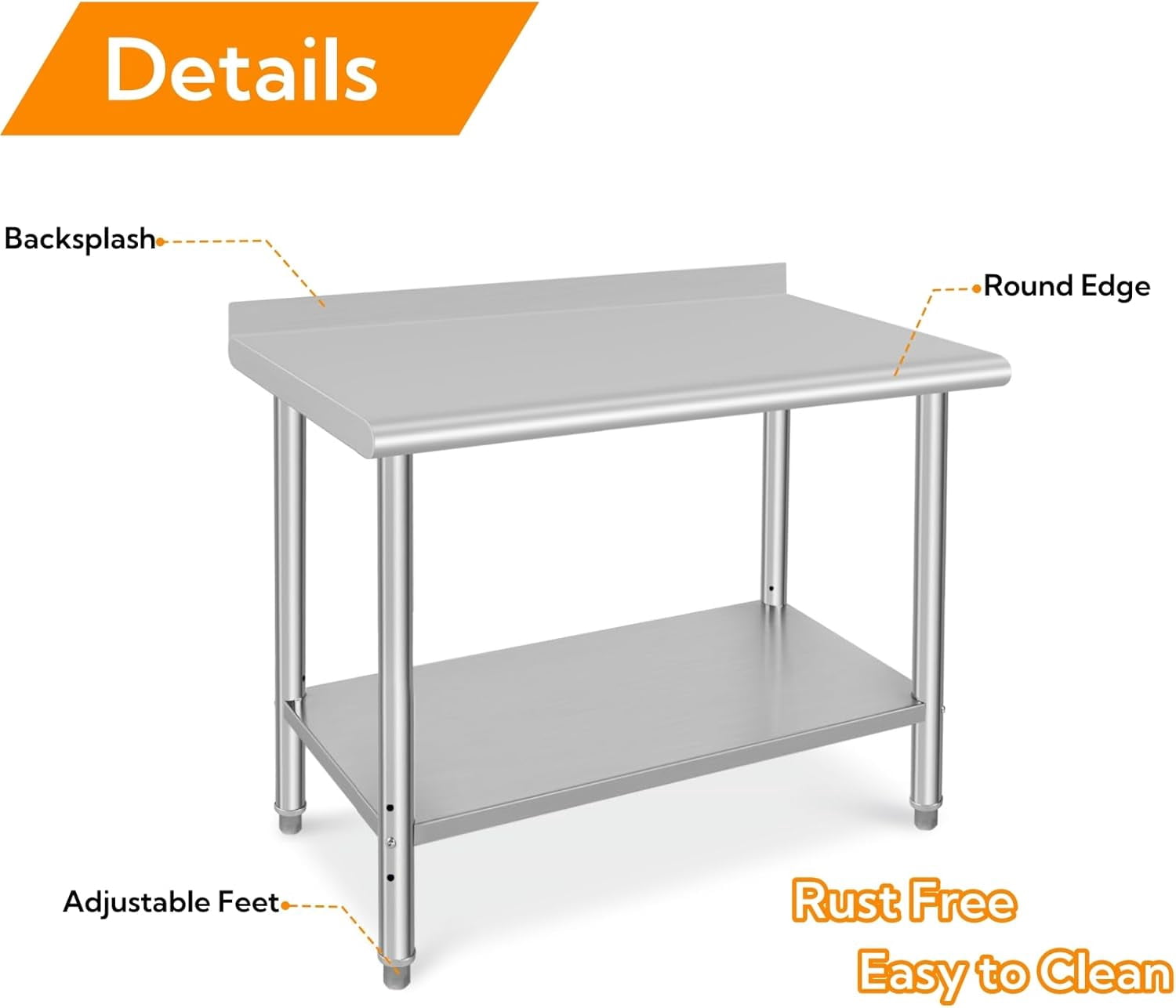 OUTGOODS Stainless Steel Work Table, NSF Commercial Grade, Adjustable Shelf, Silver