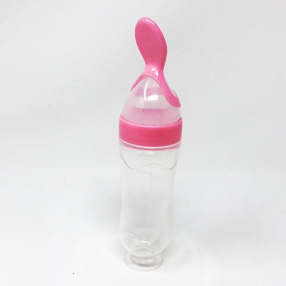 Baby Silicone Squeeze Feeding Bottle w/Spoon Food Self-stand Feeder 3oz/90ML
