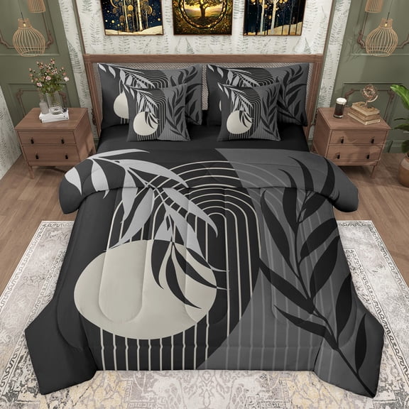 Homewish Tree Leaves Twin Bedding Sets 7-Piece for Boys Girls,Minimalist Geometric Stripes Lines Bedding Comforter Set Microfiber,Retro Vintage Aesthetic Breathable Sheet Sets