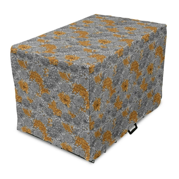 Floral Dog Crate Cover, Print of Chrysanthemum Flowers Grey and Yellow Ornaments Illustration, Easy to Use Pet Kennel Cover Small Dogs Puppies Kittens, 7 Sizes, Dark Orange and Pale Grey, by Ambesonne