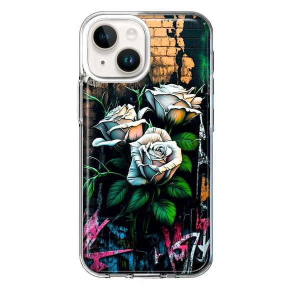MUNDAZE Case for Apple iPhone 15 Plus Hybrid Shockproof Slim Hard Soft TPU Shell Heavy Duty Protective Phone Cover - White Roses Graffiti Wall Art Painting