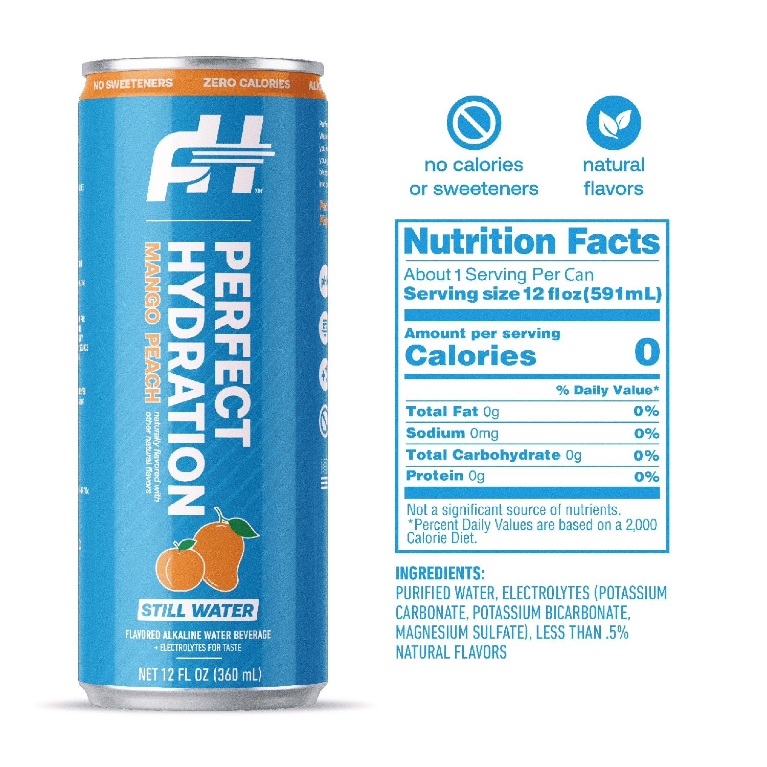Perfect Hydration Mango Peach Flavored Alkaline Water, 0 Sugar, 0 Calories, 12 oz cans, Pack of 12