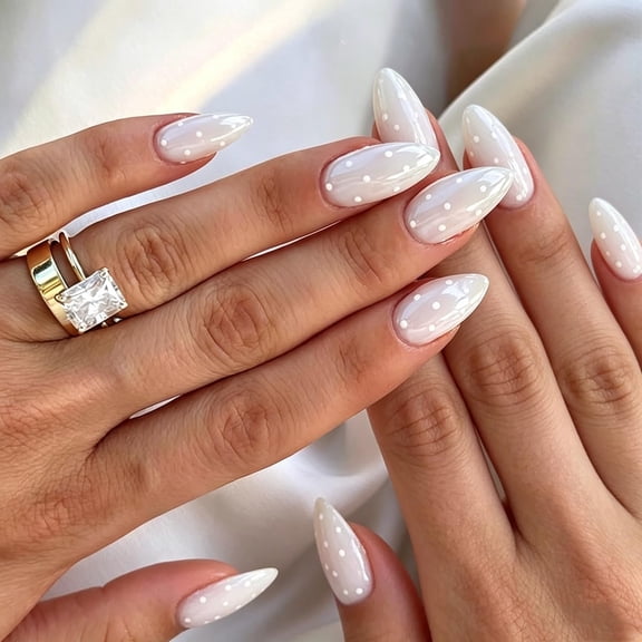 SELVORIA White Press on Nails Polka Dot Fake Nails Short Almond False Nails press ons Reusable Glossy Glue on Nails for Elegant Women & Daily Wear 24Pcs