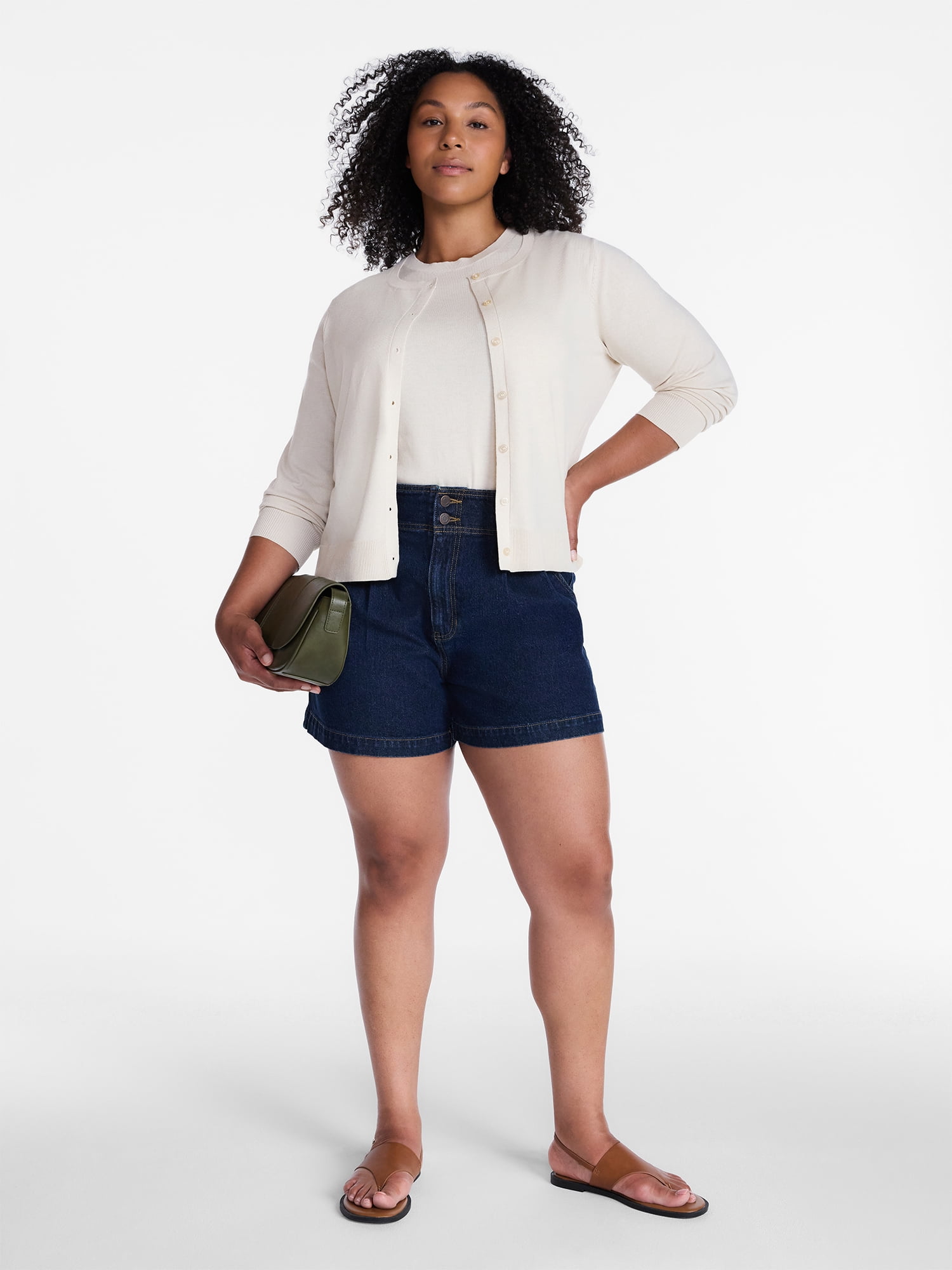 Time and Tru Women's High Rise Pleated Denim Shorts, 4.5" Inseam, Sizes 0-20