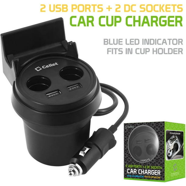 Cellet Universal Cigarette Lighter Adapter Car Cup Charger, 2 USB Ports + 2 Socket Cigarette