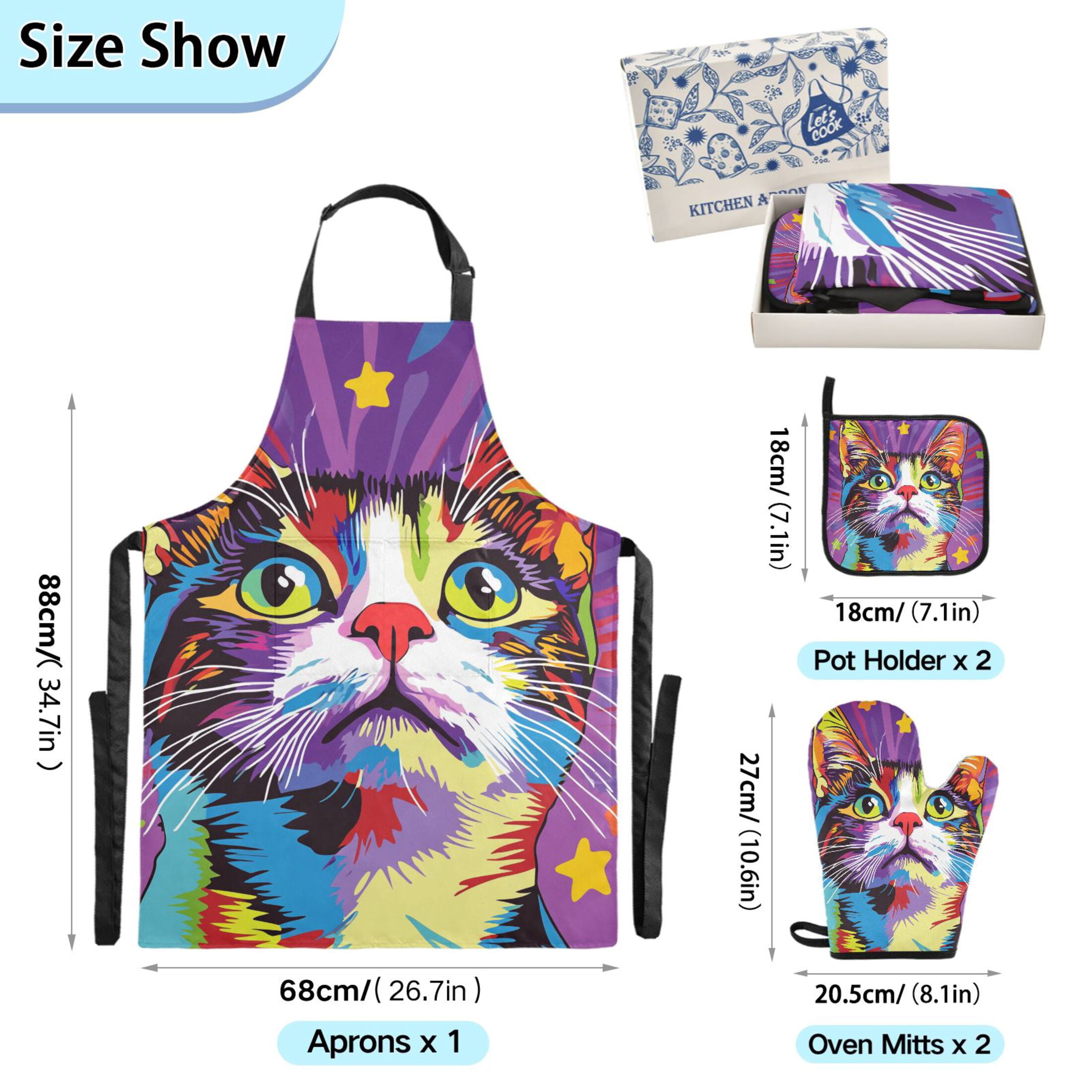 Cute Cat and Star 5 Pcs Kitchen Set Heat Resistant Oven Mitts and Non-Slip Pot Holders with Adjustable Cooking Apron