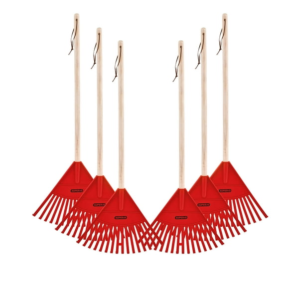 Superio Kids Rake with Hardwood Handle- Durable Plastic Red Head to Sweep Leaves in Lawn and Tidying Up The Garden – 34 “Height (6 Pack)