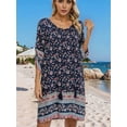 thumbnail image 4 of Women Casual Beach Summer Boho Tassel Tie Neck 3/4 Long Sleeve Short Floral Print Cover Up Sundresses Tibet S, 4 of 6