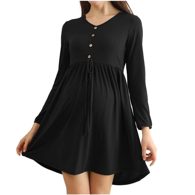 Robe de Maternité pour Femmes, Couleur Unie Col Rond Manches Longues avec Taille Cintrée, Coupe Ample Jupe de Grossesse Confortable pour Extérieur