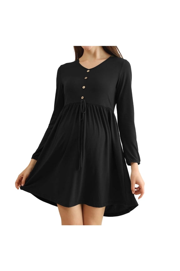 Maternity Casual Dress,Maternity Long Sleeve Dress,Solid Color Crew Neck Long Sleeve Waist Defined Loose Casual Dress