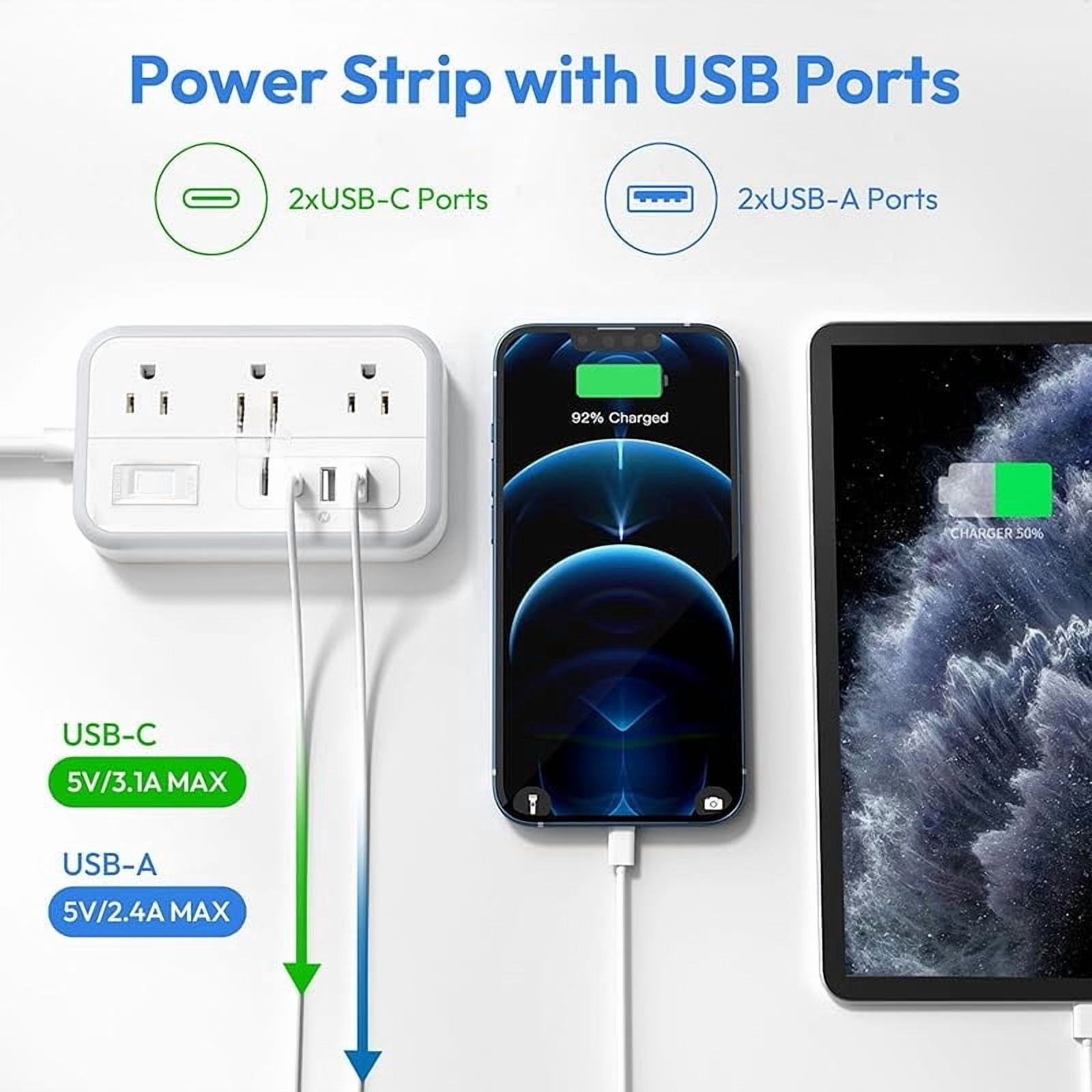15 ft Extension Cord Power Strip – Surge Protector with 6 Outlets, 4 USB Ports (2 USB-C), Flat Plug, 1080-Joule Protection for Home, Office, Dorm Room Essentials