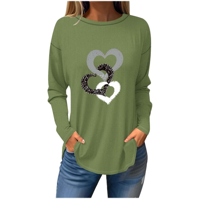 FAIWAD Tunic Tops for Womens Long Sleeve Heart Print Tops Round Neck Drop Shoulder Loose Pullover Tops