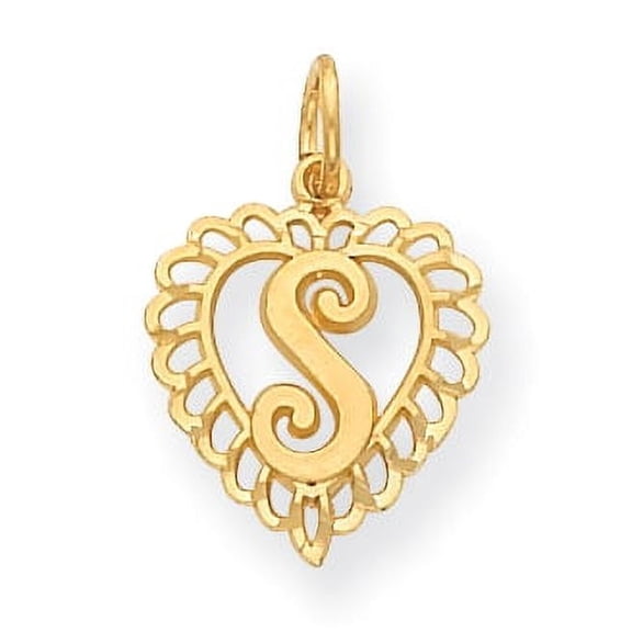 14k Yellow Gold Heart Shape Script Design Letter S Charm Pendant
