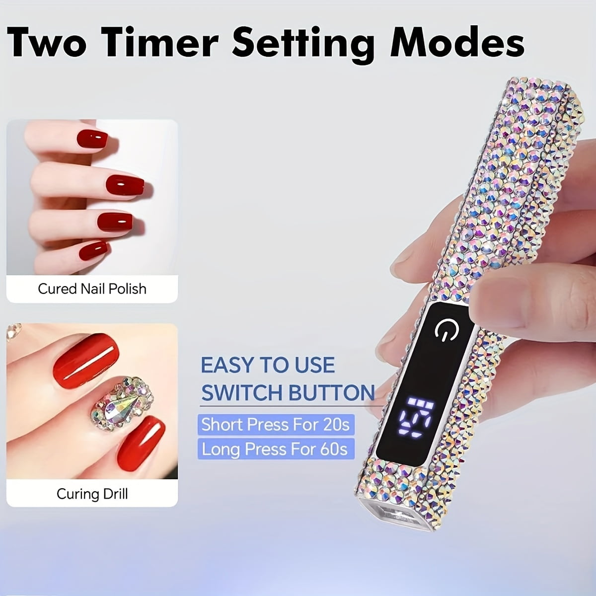 PRYZUNA Mini Crystal LED UV Nail Lamp – Portable Gel Polish Dryer with Touch Timer, USB-C Rechargeable Design with Rhinestone Finish