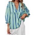 thumbnail image 3 of Womens Puff Sleeve Babydoll Tops Summer V Neck Striped Blouse Cute Casual Loose Fit Flowy Shirts Light Green S, 3 of 9