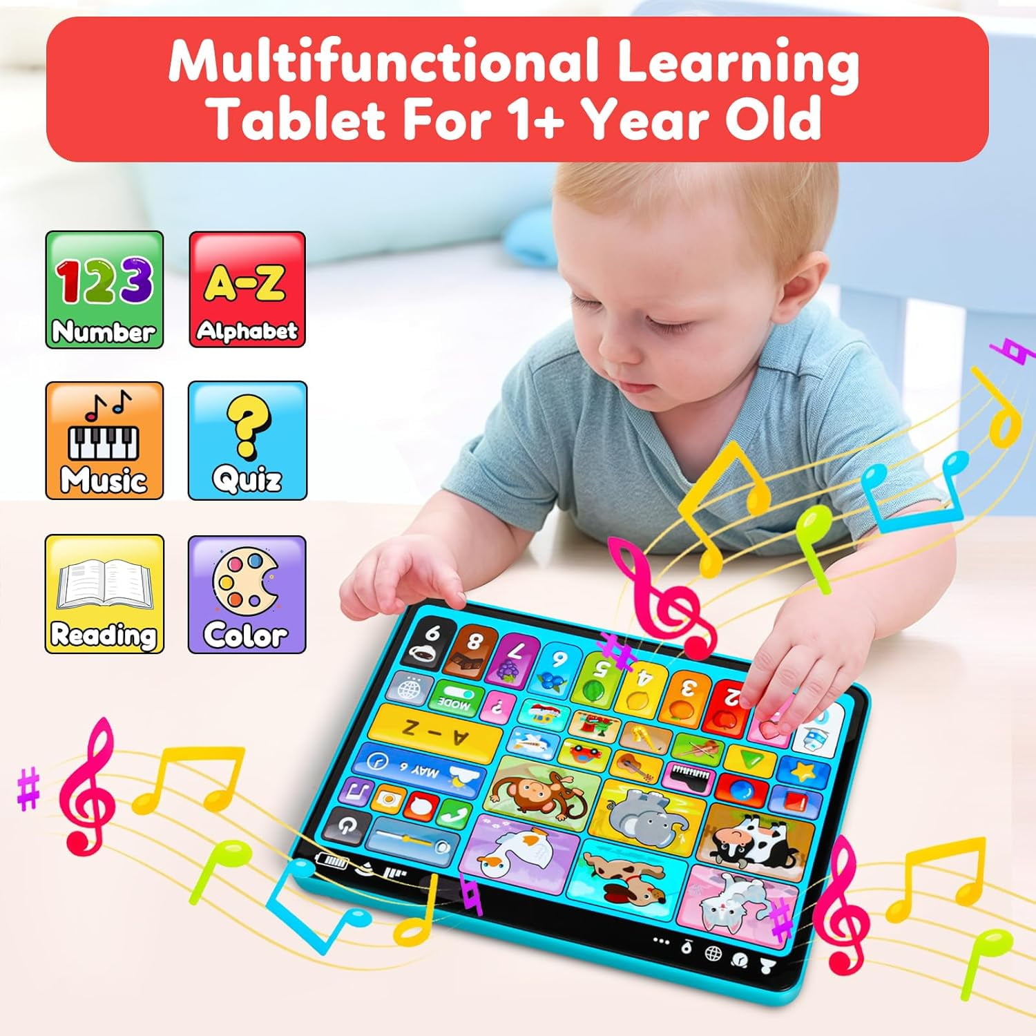 Adofi Trilingual Learning Toys for Toddlers 1-3 Years, Learning Tablet with Music and Lights, Montessori Speech Therapy Toys, STEM Toddler Toys Age 1-3 Gifts, Musical Baby Toys for 1 Year Old