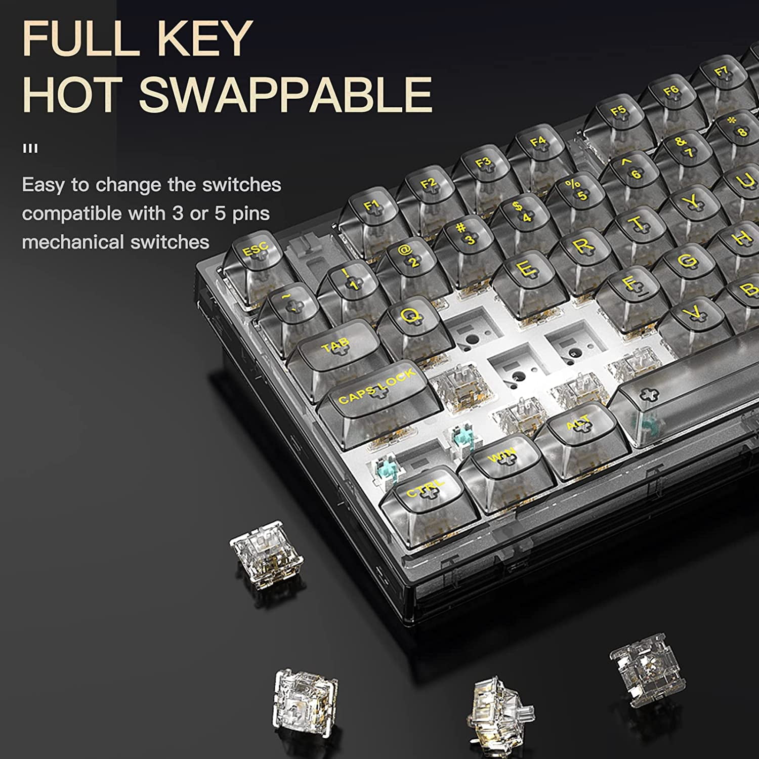 XINMENG X75 82 Key Hot Swappable Mechanical Keyboard with Transparent Keycaps, Gasket Mount 75 Keyboard, RGB Backlit Custom Gaming Keyboard for Windows/Mac (Crystal White Switch, Wired-Black)