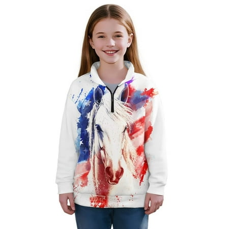 Uourmeti American Flag Horse Youth Girls Birthday Hoodies Half Zip Sweatshirt Pullover Sweatshirts Celebration Party Wear for Fun Event with Friends Size 13-14