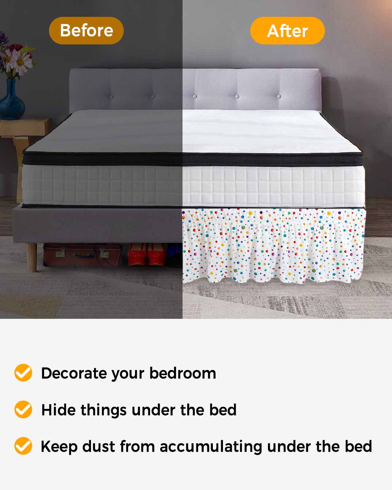 Colorful Polka Dot Wrap Around Bed Skirts for Queen Bed 18" Drop, Bed Skirt with Adjustable Elastic Belt Dust Ruffle Bed Valance for Bedroom Hotel Luxury Rainbow Point Vibrant Bed Frame Cover