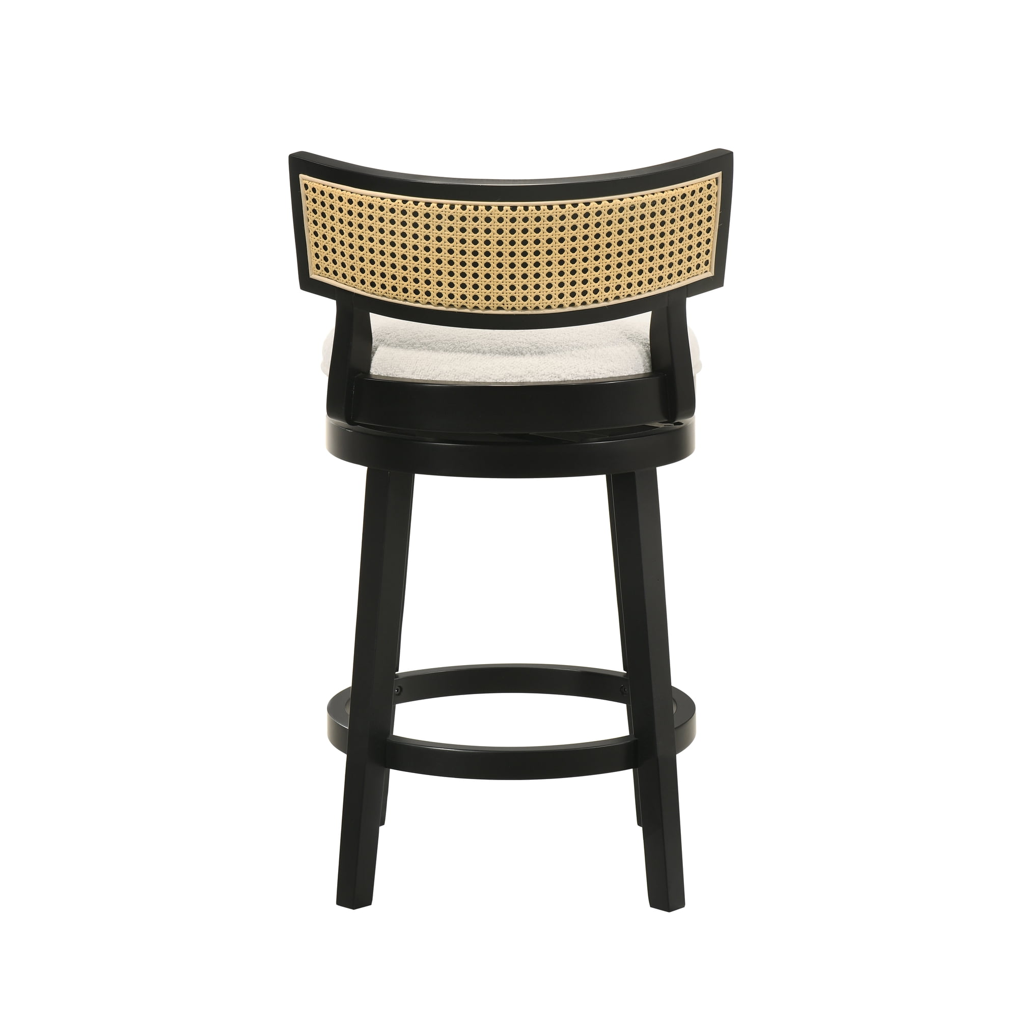 Noely Modern Farmhouse Swivel Wood Counter Height Kitchen Bar Stool in Black Finish with White Boucle Fabric Upholstered Seat - Set of 4