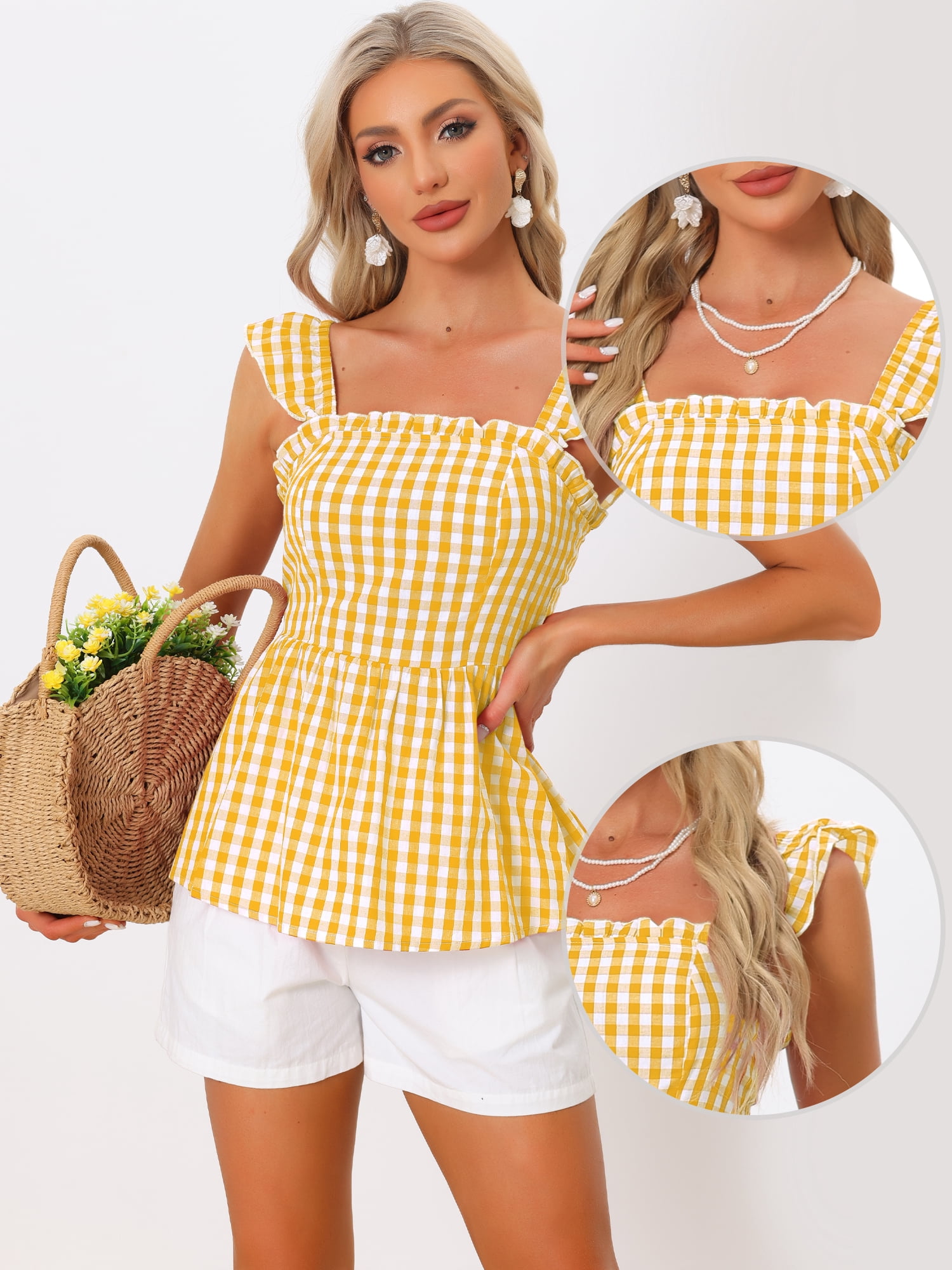 DARING DIVA Women's Gingham Peplum Square Neck Sleeveless Plaid Blouse L Yellow