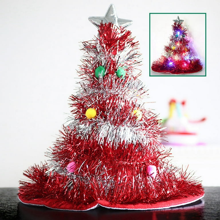 Christmas Hats LED Tree Santa Hat with Tinsel Light up Christmas Hat Xmas Cartoon Hat Plush Christmas Tree Hat Funny Party Hats for Festive Theme