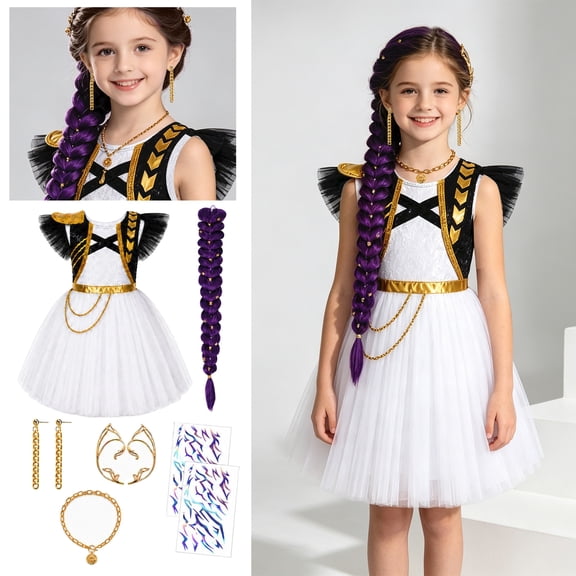 Halloween Star Stage Costume - Gi"rl"s Fancy Dress Costume Set, Cosplay Dress with Purple Braided Wig & Earrings Accessories, Halloween Party Birthday Dress‑Up Outfit, Size:110