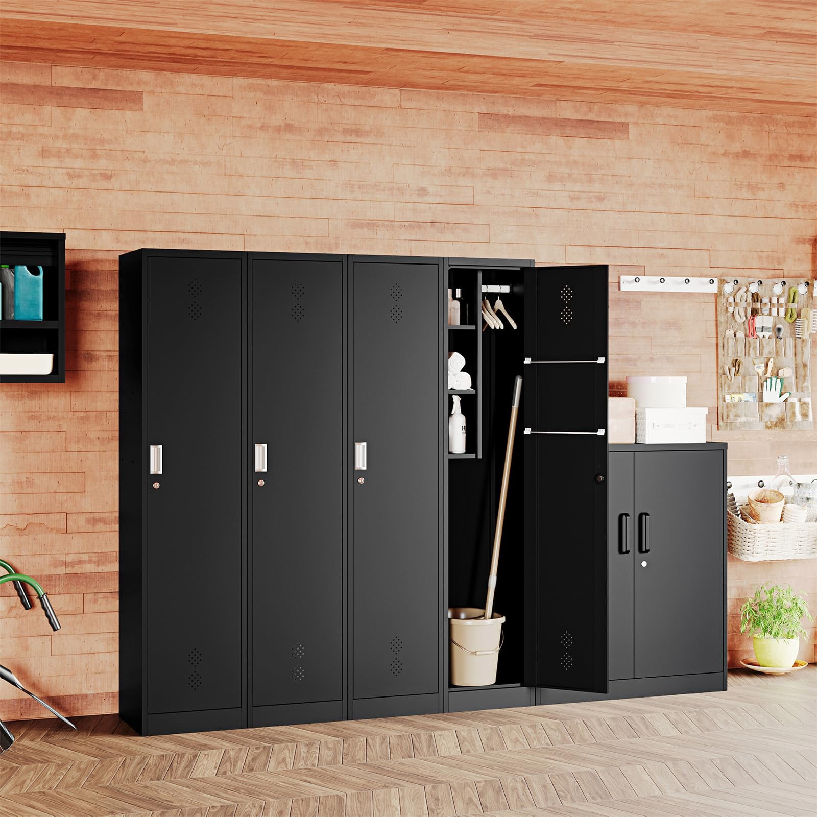 STANI Broom Closet Storage Cabinet Metal Cleaning Tool Cabinet Janitorial Utility Cabinet Cleaning Supplies with Locking Door Broom Rack Shelf for Broom Mops Garage Storage 71" Black