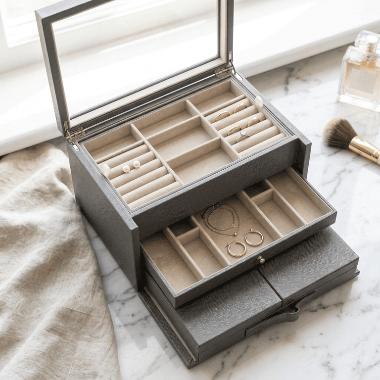 Hives and Honey Danielle Leather Jewelry Box for Women, Pewter