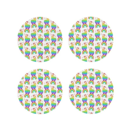 

Fuzoiu Rainbow Llama Print Leather Coasters Set Drink Coasters Set of 4 for Tabletop Protection Durable PVC Coasters Home Décor and Housewarming Gift-Round Shape