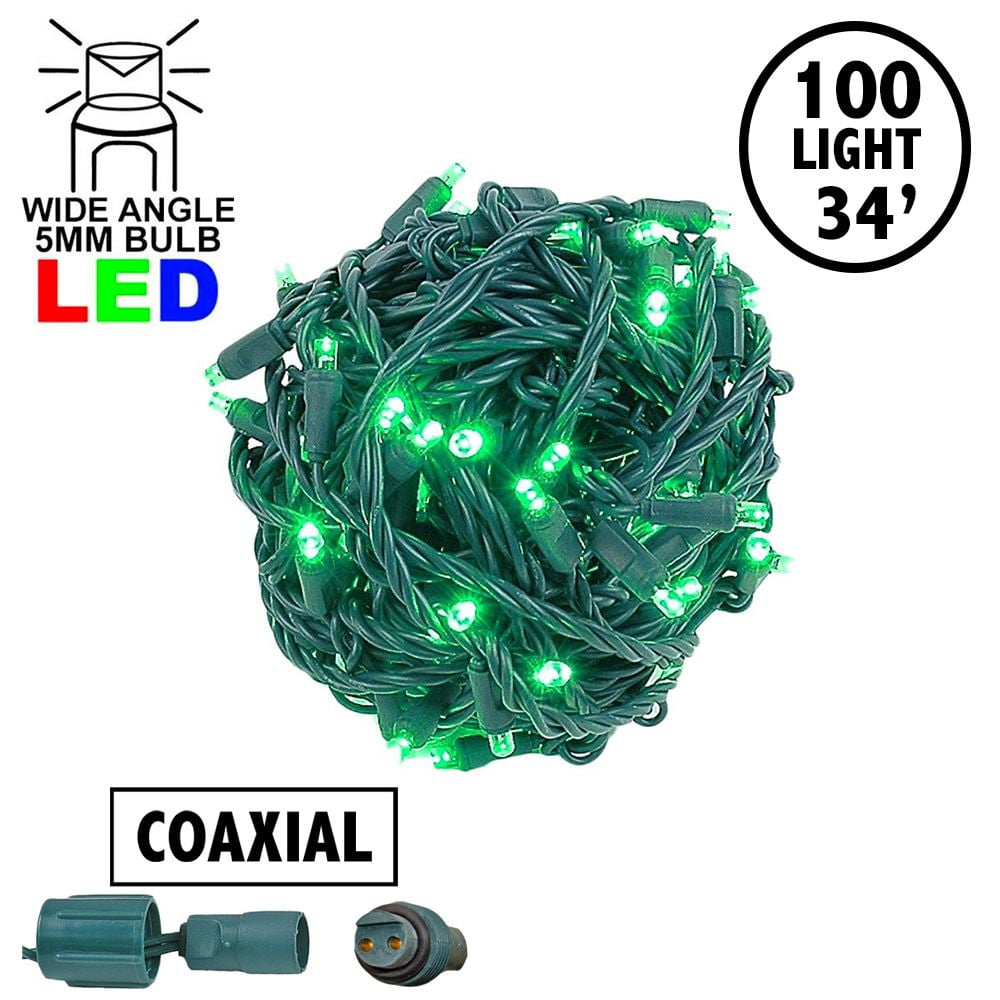 Novelty Lights 100 Light LED Coaxial Christmas Mini Light Set, Outdoor Lighting Party Patio String Lights, Green, Green Wire, 50 Feet