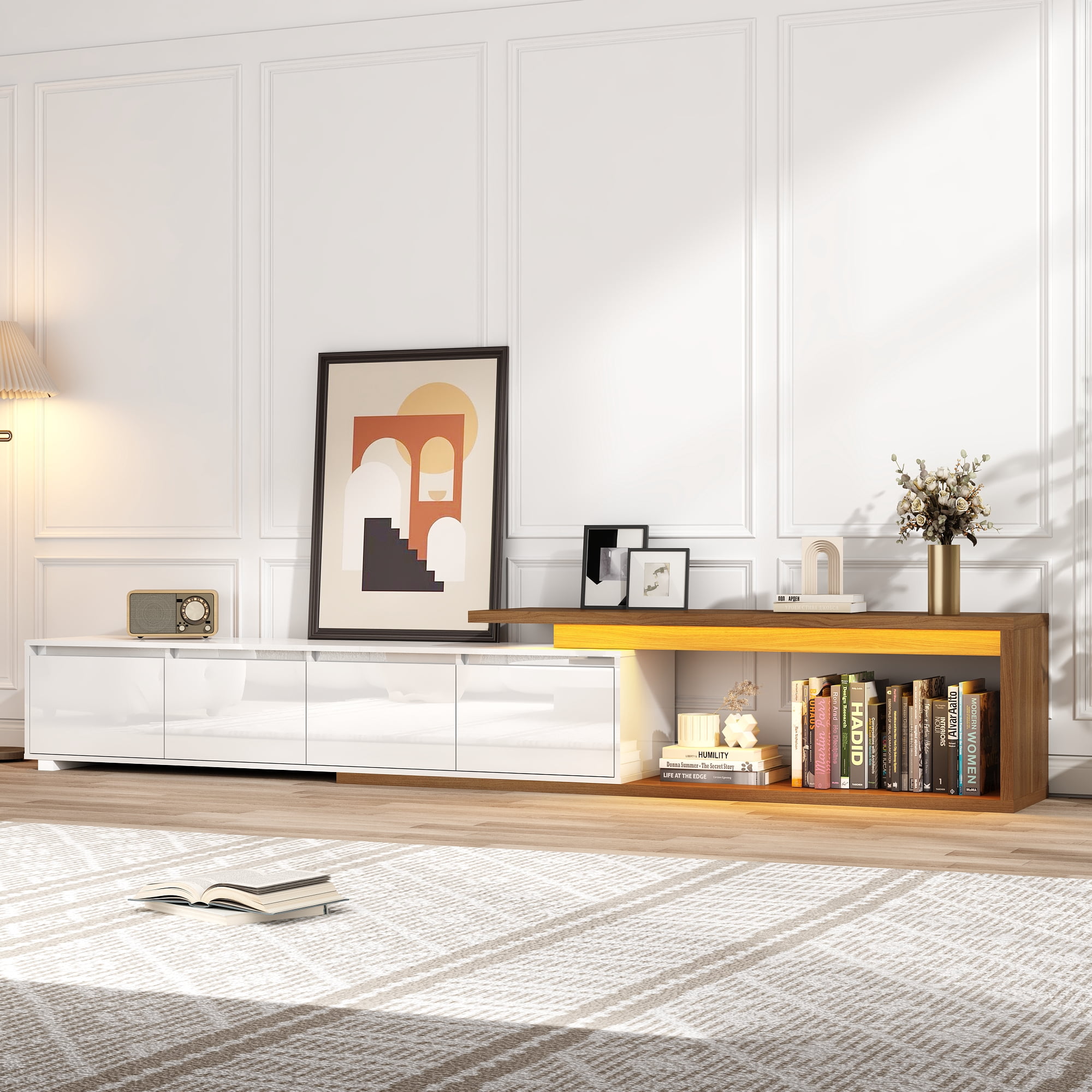 ANPOO Extendable TV Stand Cabinet with Drawers & LED Light, High Gloss Modern Minimalist Entertainment Center for Up to 120" TV, Reversible Extra Long TV Media Console, White & Walnut
