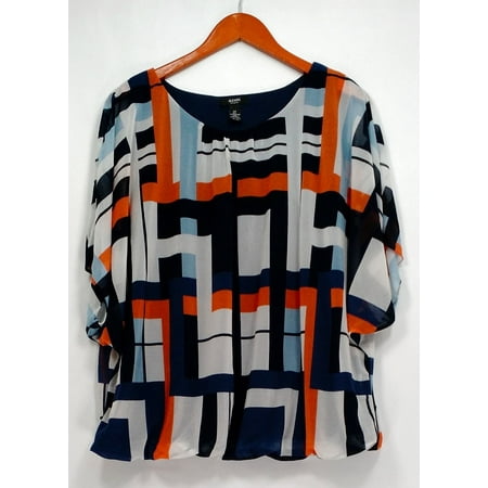 Colorblock Square - Alfani Plus Size Top 0X Printed Mesh Flutter-Sleeve Navy Square Colorblock Blue