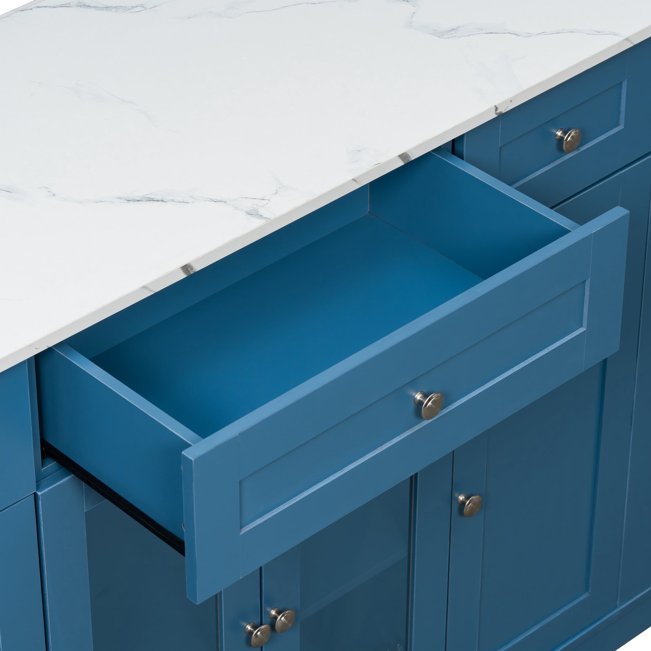 Christopher Knight Home 63" Mobile Kitchen Island Cart, Marble-Look Top, Multi‑Drawer Cabinet, Blue