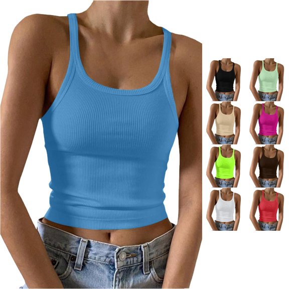 Gunia Ribbed Tank Top For Women Summer Casual Basic Graphic Tanks Vest Funny Beach Vacation Classic Fit Shirt Womens Camisole Tank Tops Blue