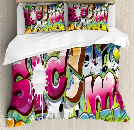 Urban Graffiti King Size Duvet Cover Set Throwie Style Wall