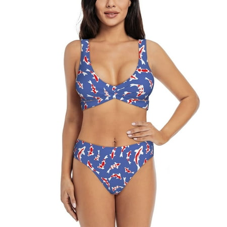 Zeuib Beautiful Koi Fish High Waisted Tummy Control Bikini Set - Knot Front Push Up Top & Cheeky Thong Bottom  Two-Piece Swimsuit for Women-Small