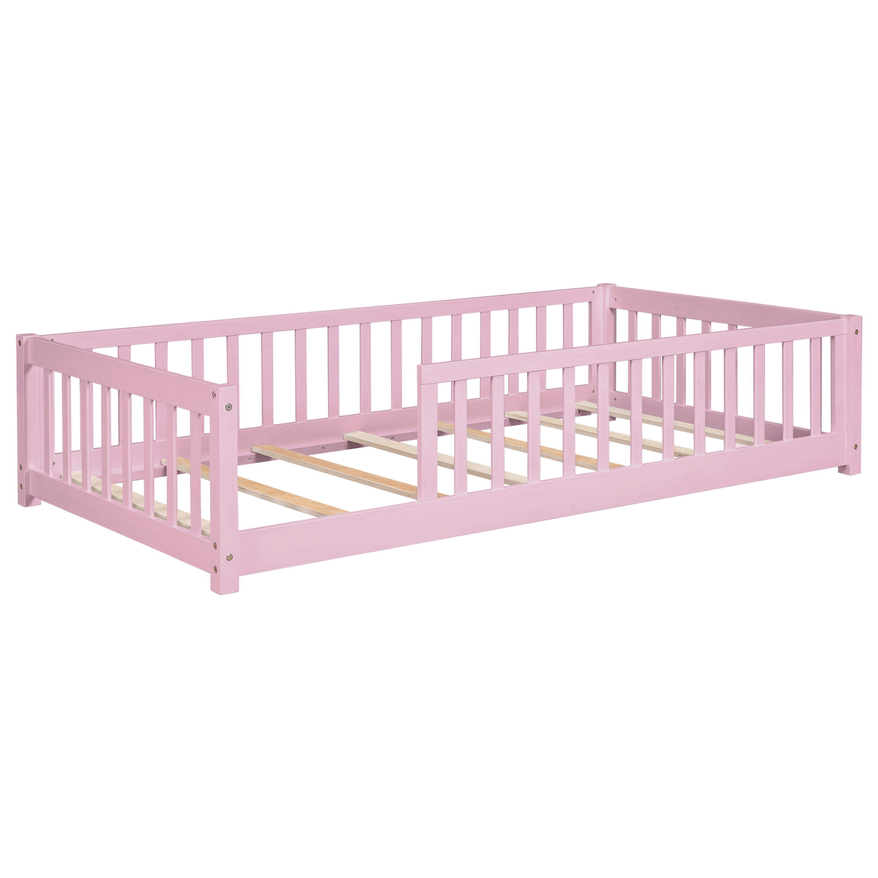 Miniyam Kids Floor Bed Frame with Rails, Montessori Platform Bed with Slats for Nursery, Pink