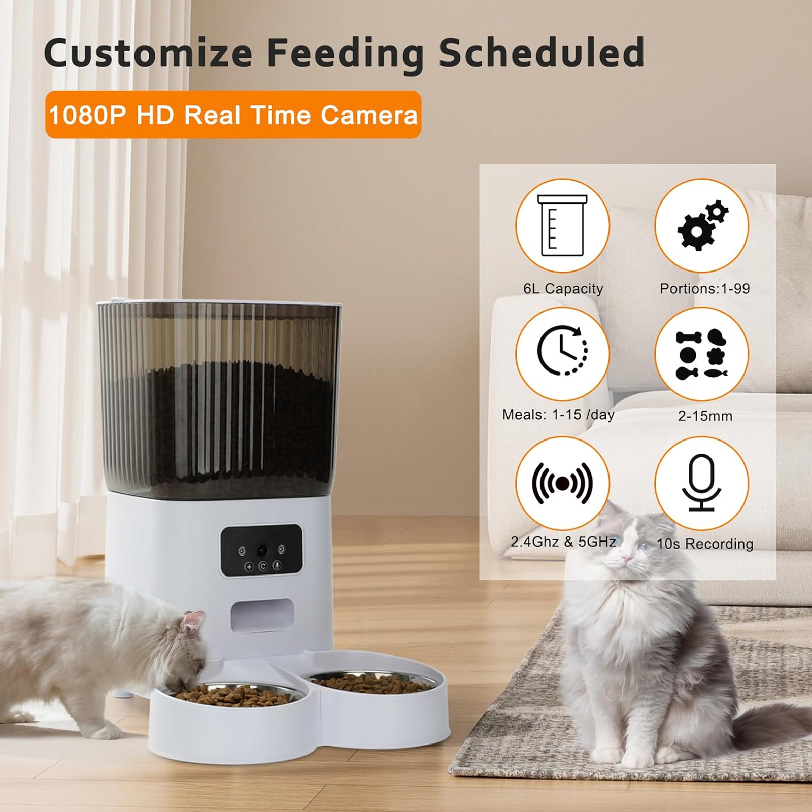 LASIEYO Smart Camera Automatic Cat Feeder for 2 Cats, 5L Food Dispenser with 2 Stainless Steel Bowl, App Control Smart Pet Feeder, for Dual Power Supply, Detachable for Easy Clean