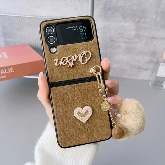 Plush Case Compatible with Samsung Galaxy Z Flip 4 with Pendant Ultra Thin Shockproof Cute Case for Women Girls-Khaki