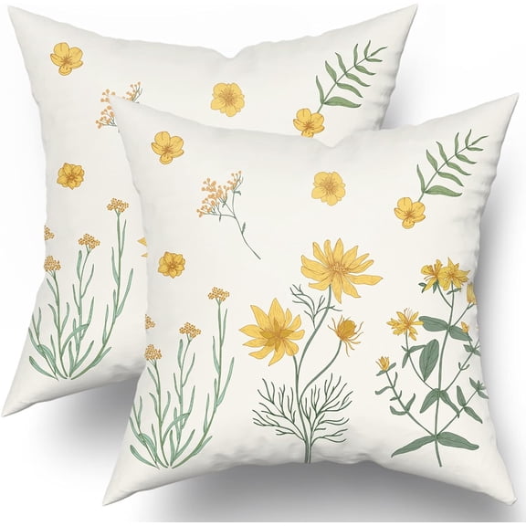 Floral Pillow Covers 18x18 Set of 2 Cute Botanical Print Vintage Yellow Sage Green Flower Leaves Decorative Throw Pillows Spring Summer Pillowcase Cotton Square Cushion Cover Decor for Couch Bed Soft