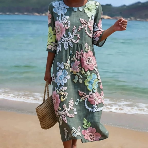 Ayolanni Dresses for Women Crew Neck Floral 3/4 Sleeve A-Line Maxi Dress Flowy Plus Size Beach Pleated Long Dress Green L