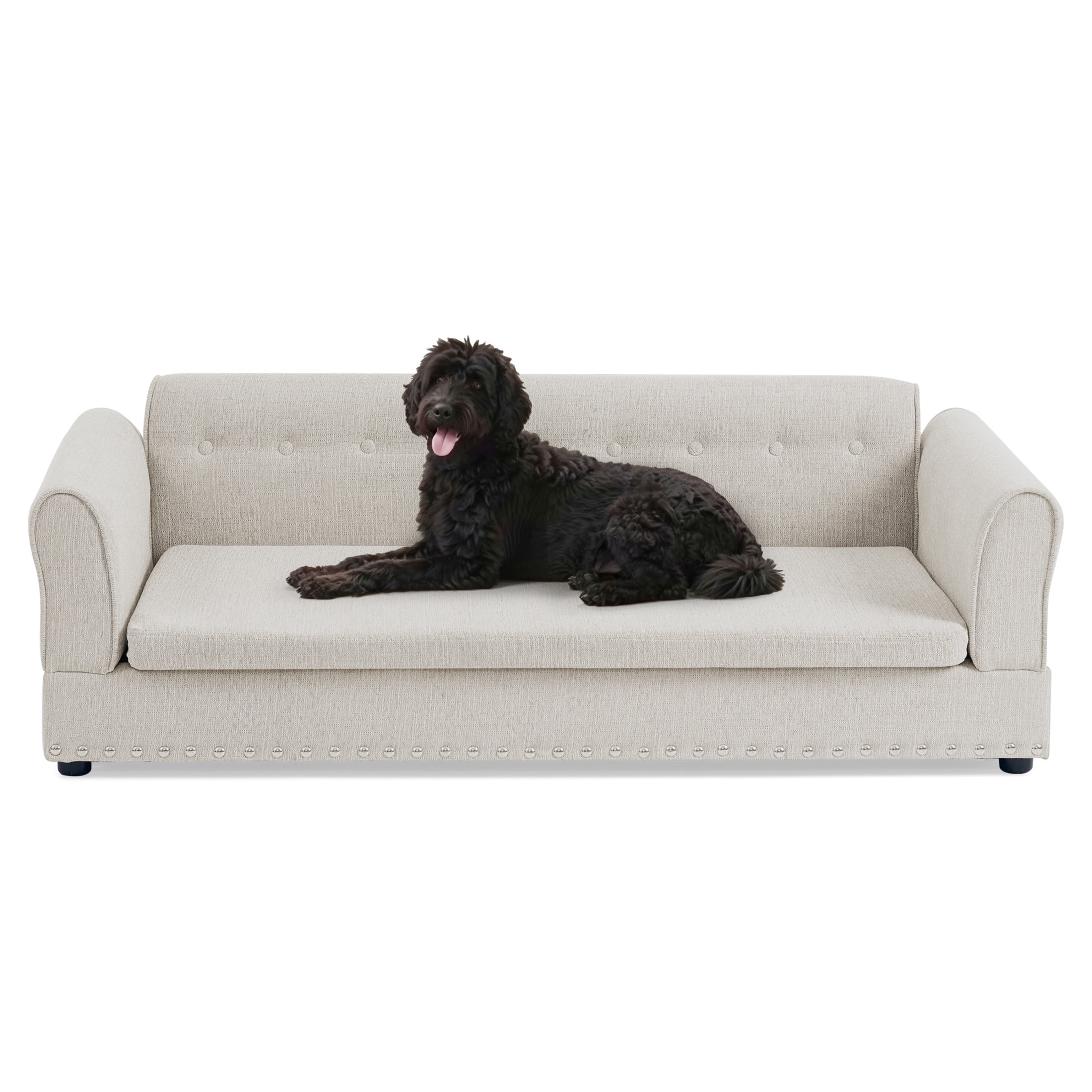 Noble House 55" Comfortable Elevated Pet Sofa, Elegant Oversized Linen Dog Bed with Support Armrests, Beige